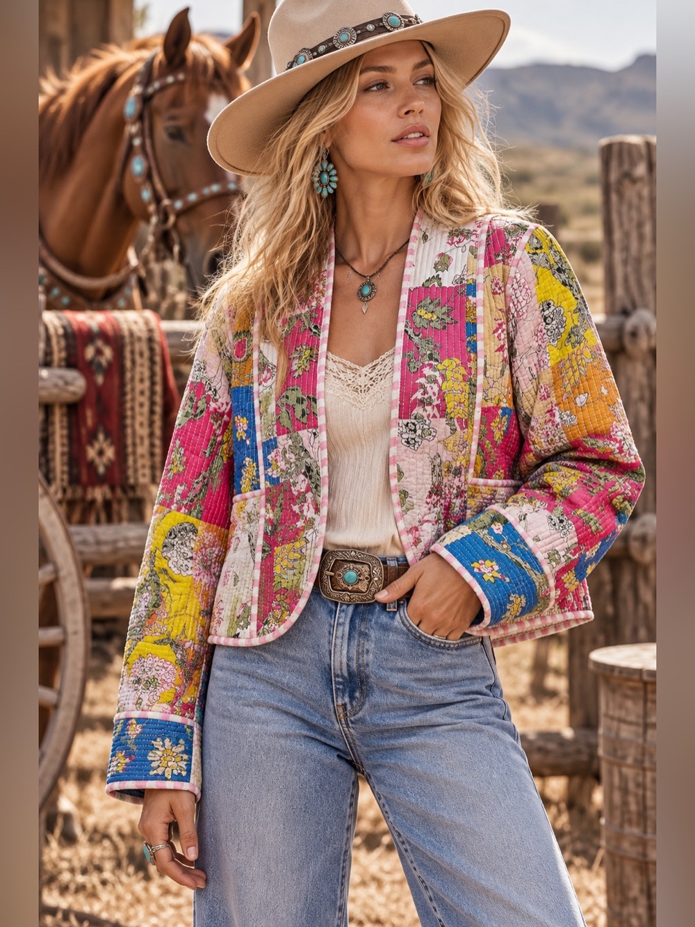 POL multicolor floral cotton kantha quilted boho western embroidered jacket coat